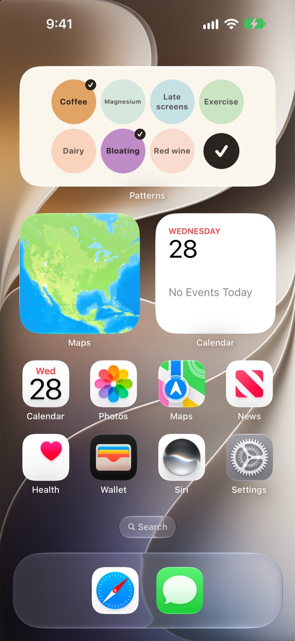 The Patterns widget on the Home Screen, with Coffee and Bloating tapped.